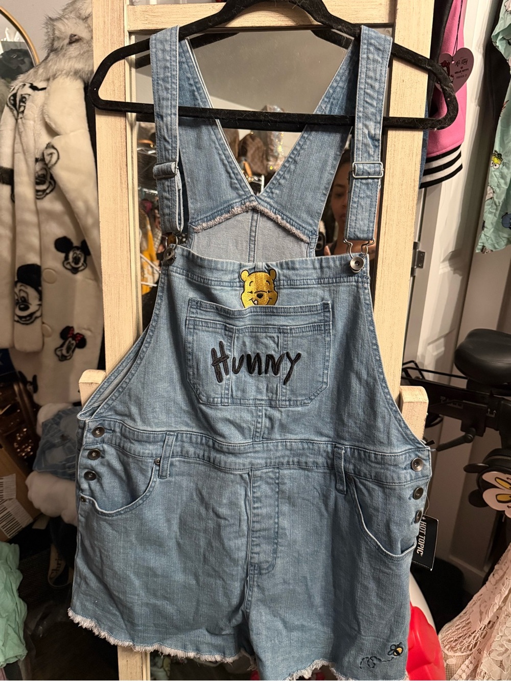 Disney Light Blue Denim Winnie the Pooh 'Hunny' Short Overalls